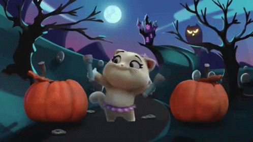 A Cartoon Cat Is Dancing In Front Of Pumpkins And Trees GIF