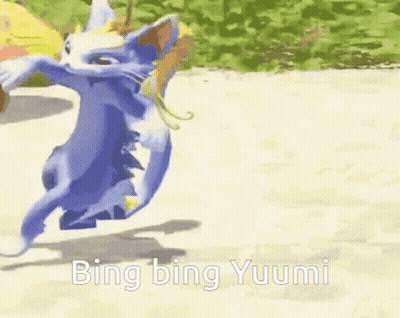 A Cartoon Cat Is Dancing With The Words Bing Bing Yuumi Written On The Bottom GIF