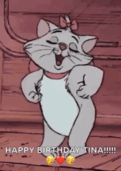 A Cartoon Cat Is Dancing With The Words Happy Birthday Tina GIF