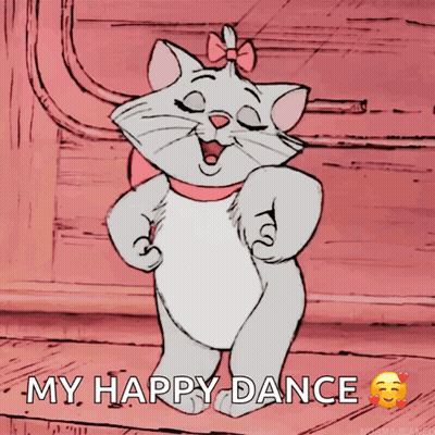 A Cartoon Cat Is Dancing With The Words " My Happy Dance " Above Her GIF
