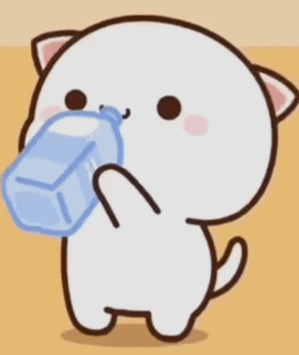 A Cartoon Cat Is Drinking Water From A Blue Bottle . GIF
