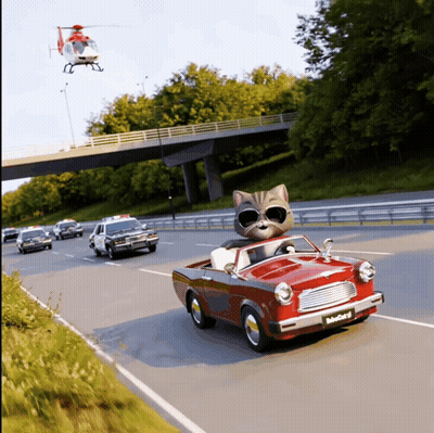 A Cartoon Cat Is Driving A Red Car With A License Plate That Says Selfiecat 2 GIF