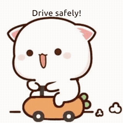 A Cartoon Cat Is Driving A Toy Car And Says `` Drive Safely '' . GIF