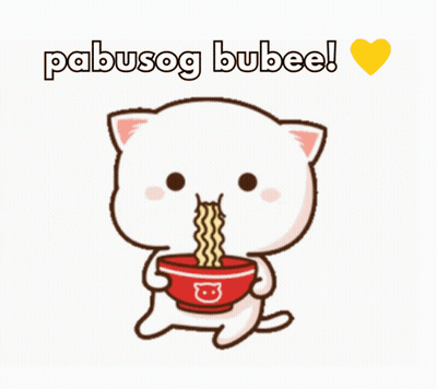 A Cartoon Cat Is Eating Noodles From A Bowl With The Words Pabusog Bubeee Written Above It GIF