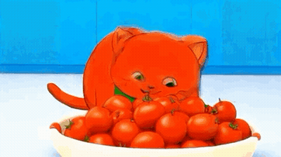 A Cartoon Cat Is Eating Tomatoes From A Bowl . GIF