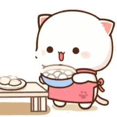 A Cartoon Cat Is Holding A Bowl Of Food And Standing Next To A Table . Sticker