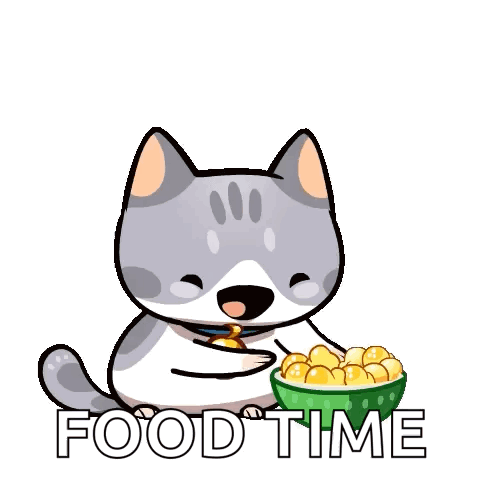 A Cartoon Cat Is Holding A Bowl Of Popcorn With The Words Nom Nom Nom Food Time Below It . GIF