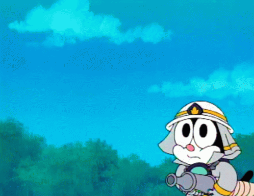 A Cartoon Cat Is Holding A Cannon In Front Of Trees GIF