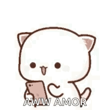 A Cartoon Cat Is Holding A Cell Phone And Hearts Are Flying In The Air . GIF