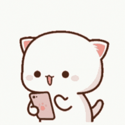 A Cartoon Cat Is Holding A Cell Phone And Three Hearts Are Flying Over It . GIF