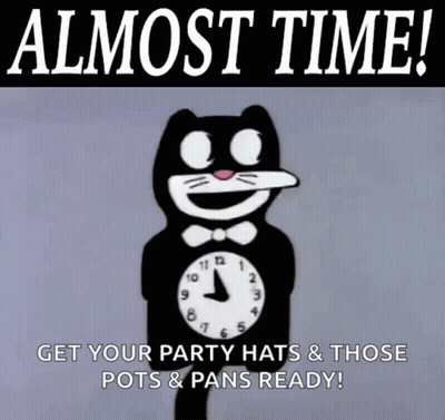 A Cartoon Cat Is Holding A Clock That Says " Almost Time " GIF