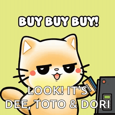 A Cartoon Cat Is Holding A Credit Card And Saying Buy Buy Buy Look It 'S Dee Toto & Dori GIF