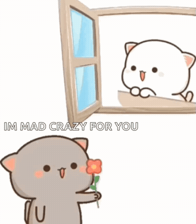 A Cartoon Cat Is Holding A Flower And Looking Out Of A Window At Another Cat . GIF