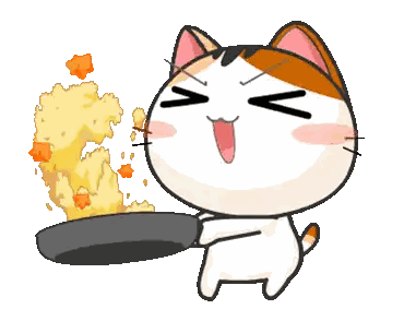A Cartoon Cat Is Holding A Frying Pan With Rice Coming Out Of It Sticker