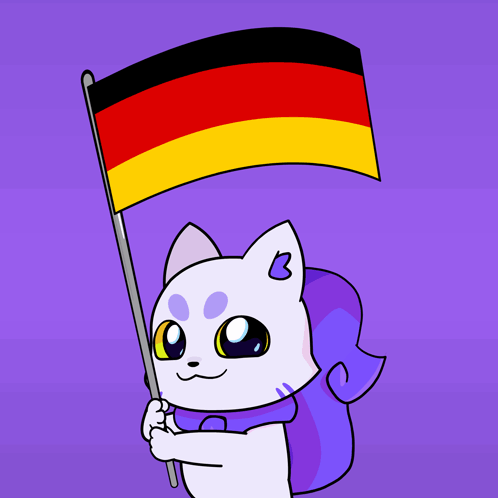 A Cartoon Cat Is Holding A German Flag In Front Of A Purple Background GIF