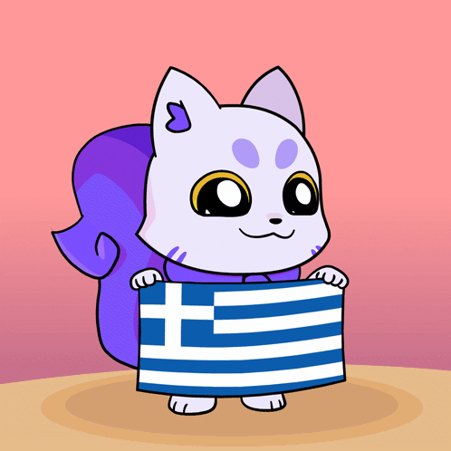 A Cartoon Cat Is Holding A Greek Flag In Its Paws GIF