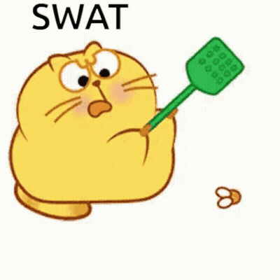 A Cartoon Cat Is Holding A Green Mosquito Swatter In Its Hand . GIF