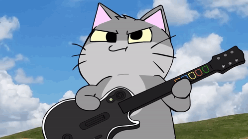 A Cartoon Cat Is Holding A Guitar With A Rainbow Colored Neck GIF