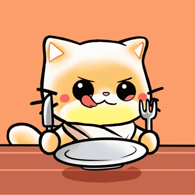 A Cartoon Cat Is Holding A Knife And Fork While Looking At A Plate GIF