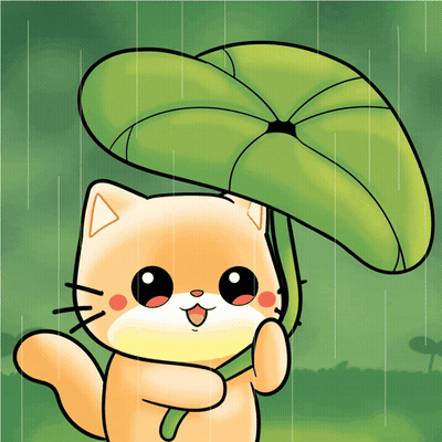 A Cartoon Cat Is Holding A Large Green Leaf In The Rain GIF