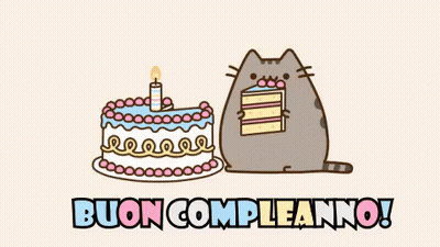 A Cartoon Cat Is Holding A Piece Of Cake Next To A Birthday Cake With A Candle . GIF