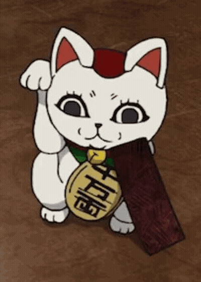A Cartoon Cat Is Holding A Piece Of Wood And A Coin In Its Mouth . GIF