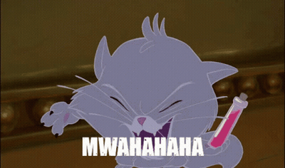 A Cartoon Cat Is Holding A Pink Bottle With The Words Mwahaha Written On It GIF