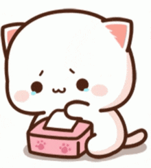 A Cartoon Cat Is Holding A Pink Box Of Tissues And Crying . GIF