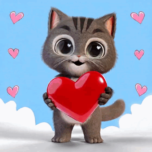 A Cartoon Cat Is Holding A Red Heart In Its Hands . GIF