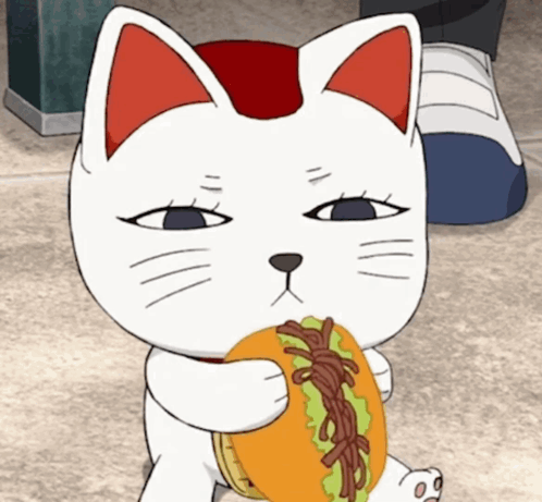 A Cartoon Cat Is Holding A Sandwich With Noodles On It GIF