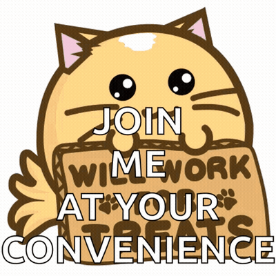 A Cartoon Cat Is Holding A Sign That Says Join Animework At Your Convenience GIF