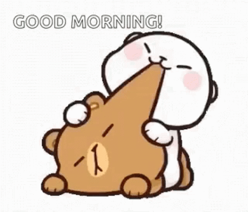 A Cartoon Cat Is Hugging A Teddy Bear And Saying `` Good Morning '' . GIF