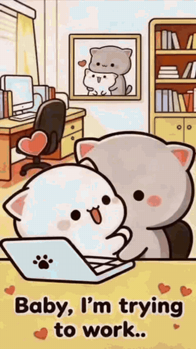 A Cartoon Cat Is Hugging Another Cat While Sitting At A Desk With A Laptop . GIF