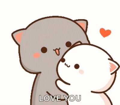 A Cartoon Cat Is Kissing Another Cat With The Words `` Love You '' Written On It . GIF