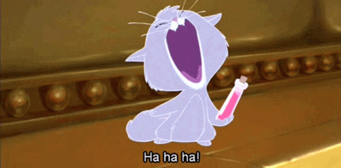 A Cartoon Cat Is Laughing And Holding A Pink Bottle With The Words Ha Ha Ha Below It GIF
