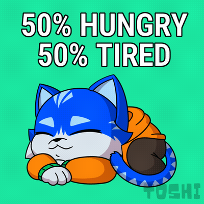 A Cartoon Cat Is Laying Down With The Words 50 % Hungry 50 % Tired Above It GIF