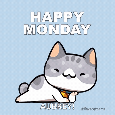 A Cartoon Cat Is Laying Down With The Words Happy Monday Aubrey Below It GIF