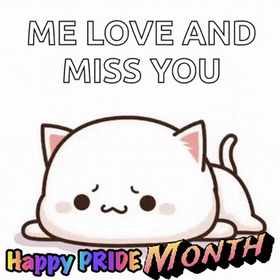 A Cartoon Cat Is Laying Down With The Words `` Me Love And Miss You '' Written On It . GIF
