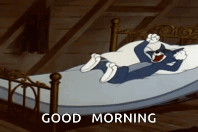 A Cartoon Cat Is Laying In A Bed With The Words `` Good Morning '' Written On It . GIF