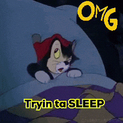 A Cartoon Cat Is Laying In A Bed With The Words Tryin ' To Sleep Below It GIF