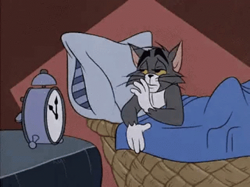 A Cartoon Cat Is Laying In Bed With A Pillow And An Alarm Clock . GIF
