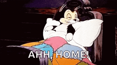 A Cartoon Cat Is Laying On A Bed With A Pillow And The Words Ahh Home . GIF