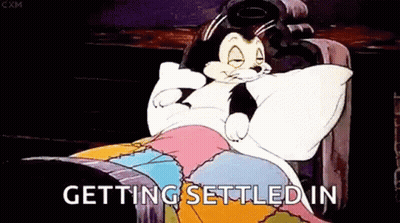 A Cartoon Cat Is Laying On A Bed With A Pillow And The Words `` Getting Settled In '' . GIF
