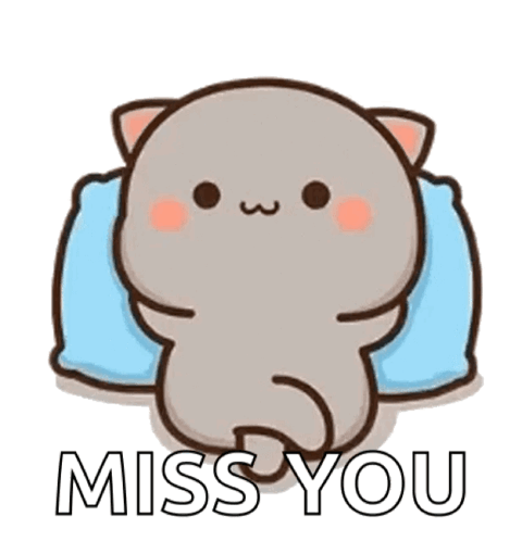 A Cartoon Cat Is Laying On A Pillow With The Words `` Miss You '' Written On It . GIF