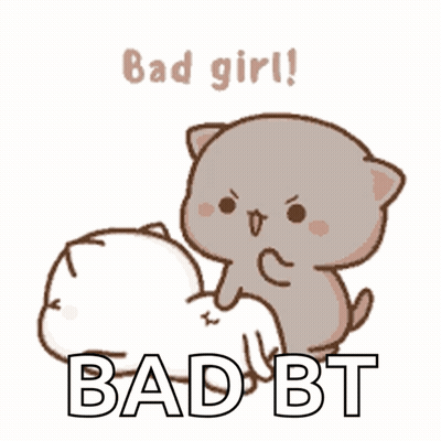 A Cartoon Cat Is Laying On Another Cat With The Words Bad Girl Bad Bt Written On It . GIF