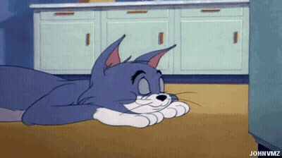 A Cartoon Cat Is Laying On The Floor In A Kitchen With His Eyes Closed . GIF