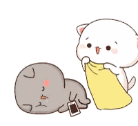 A Cartoon Cat Is Laying On The Ground Next To A White Cat Holding A Yellow Blanket . Sticker