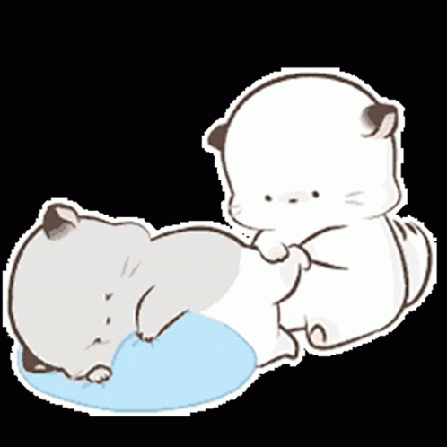 A Cartoon Cat Is Laying On Top Of Another Cat On A Blue Pillow . GIF
