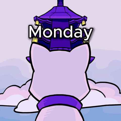 A Cartoon Cat Is Looking At A Purple Tower With The Word Monday Written Above It GIF