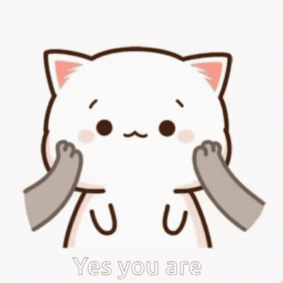 a cartoon cat is petting another cat 's face and the cat is saying yes you are .